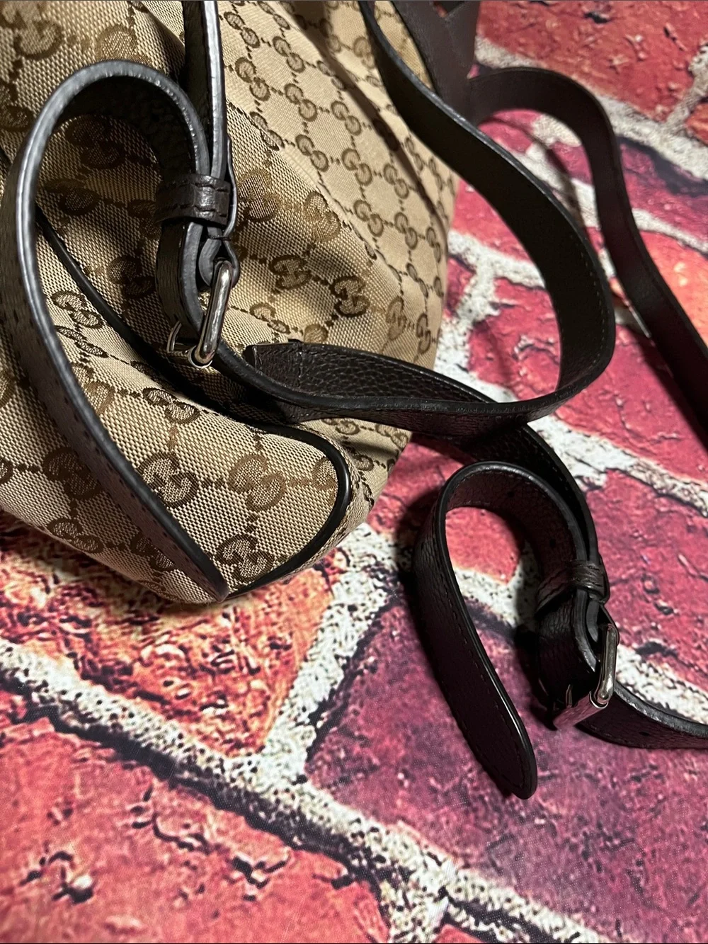 Gucci Beige Brown GG Monogram Drawstring Backpack